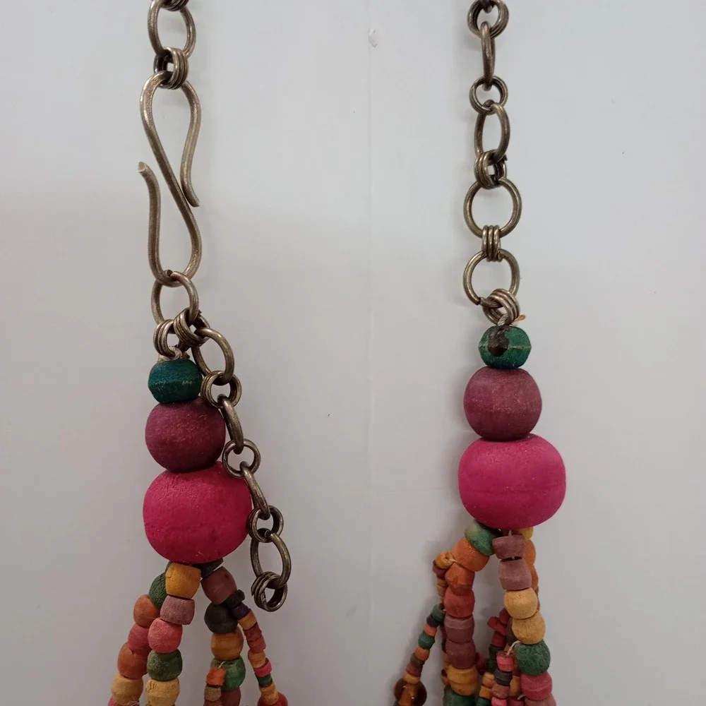 African Trade Bead Necklace Multi Strand Wood Animal Fringe Statement